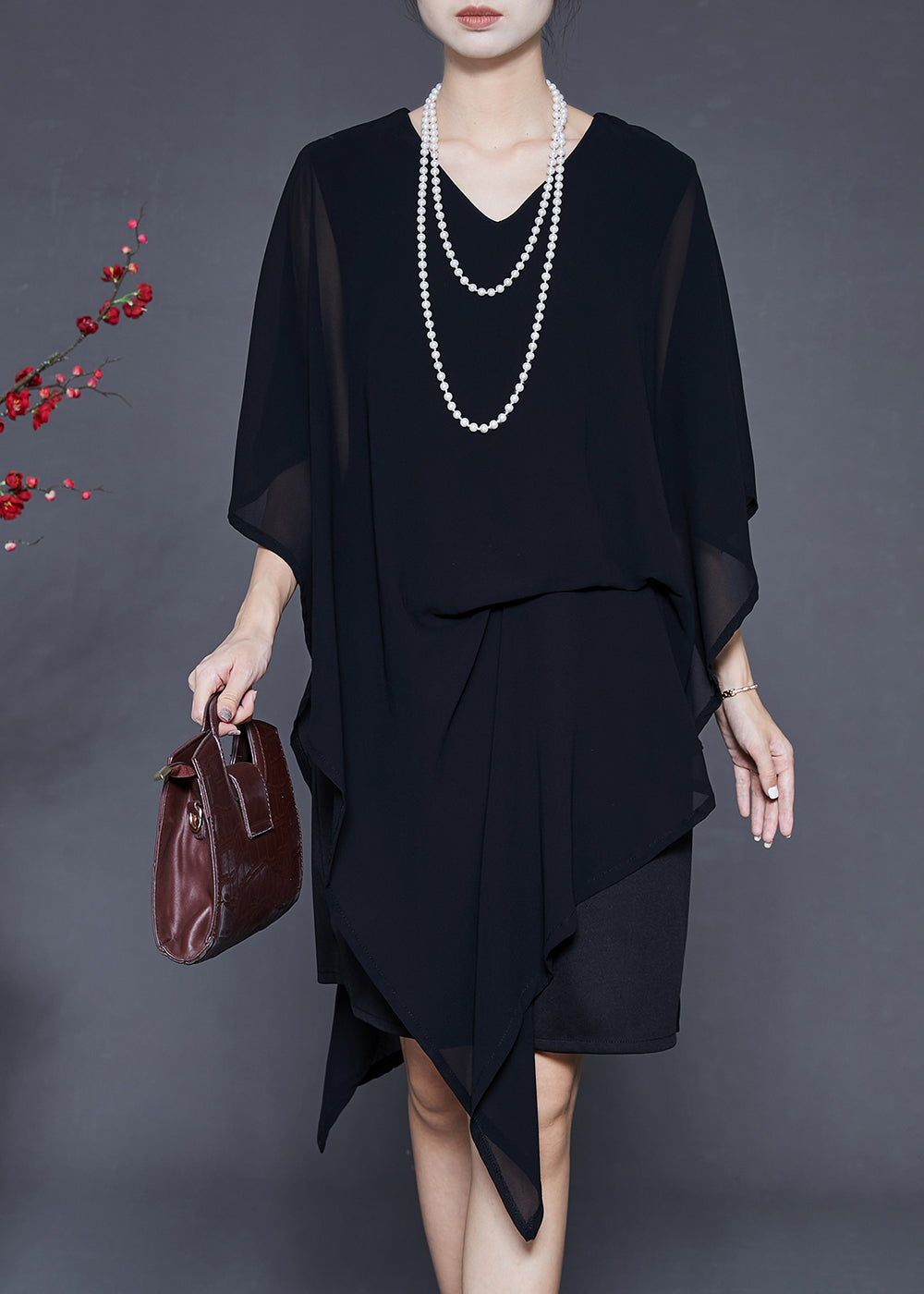 Black Asymmetrical Cold Shoulder Chiffon Tea Dress Summer