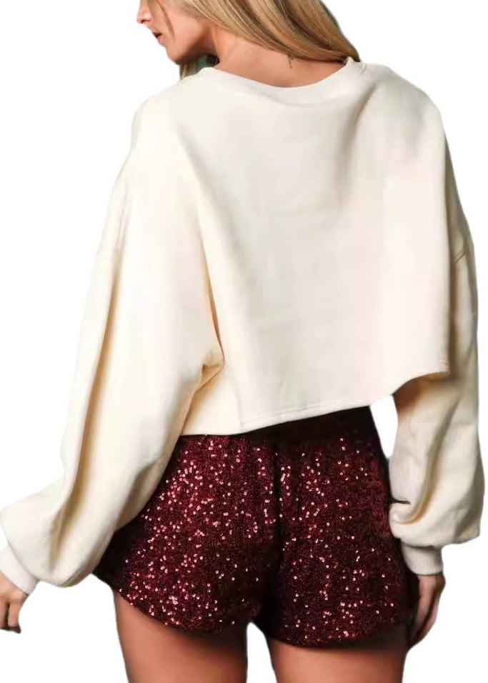 Beige O Neck Sequins Cotton Short Sweatshirt Fall