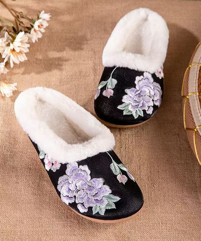 Handmade Fuzzy Wool Lined Slippers Shoes Black Satin Embroidery