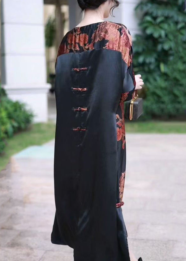 Red V Neck Print Silk Long Dress Summer