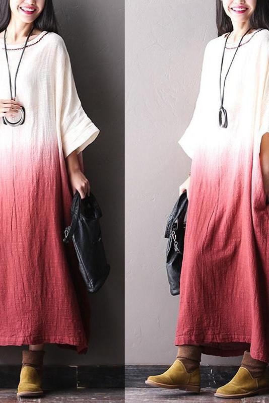 Bat Sleeve Cotton Linen Loose Fitting Long Dresses for