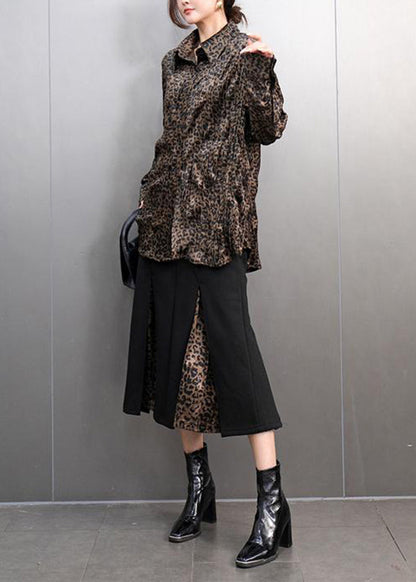 Leopard Peter Pan Collar Button Shirts and Maxi Skirts Two Pieces Set Spring