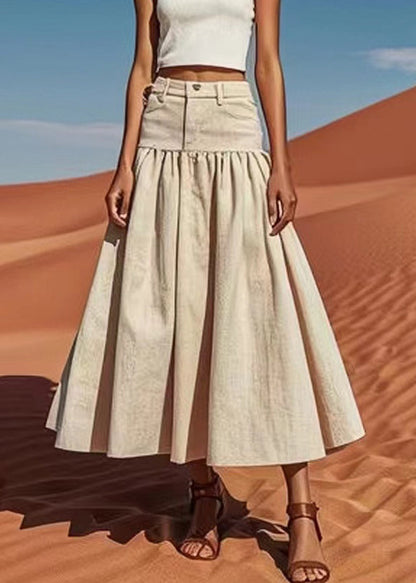 Khaki High Waist Patchwork Linen Skirts Summer
