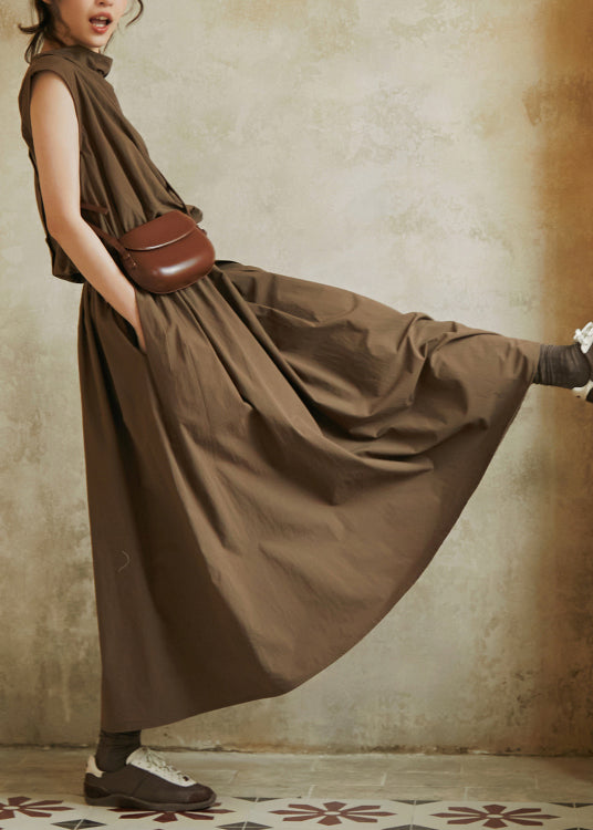 Grey Lace Up Pockets Cotton Dress Sleeveless