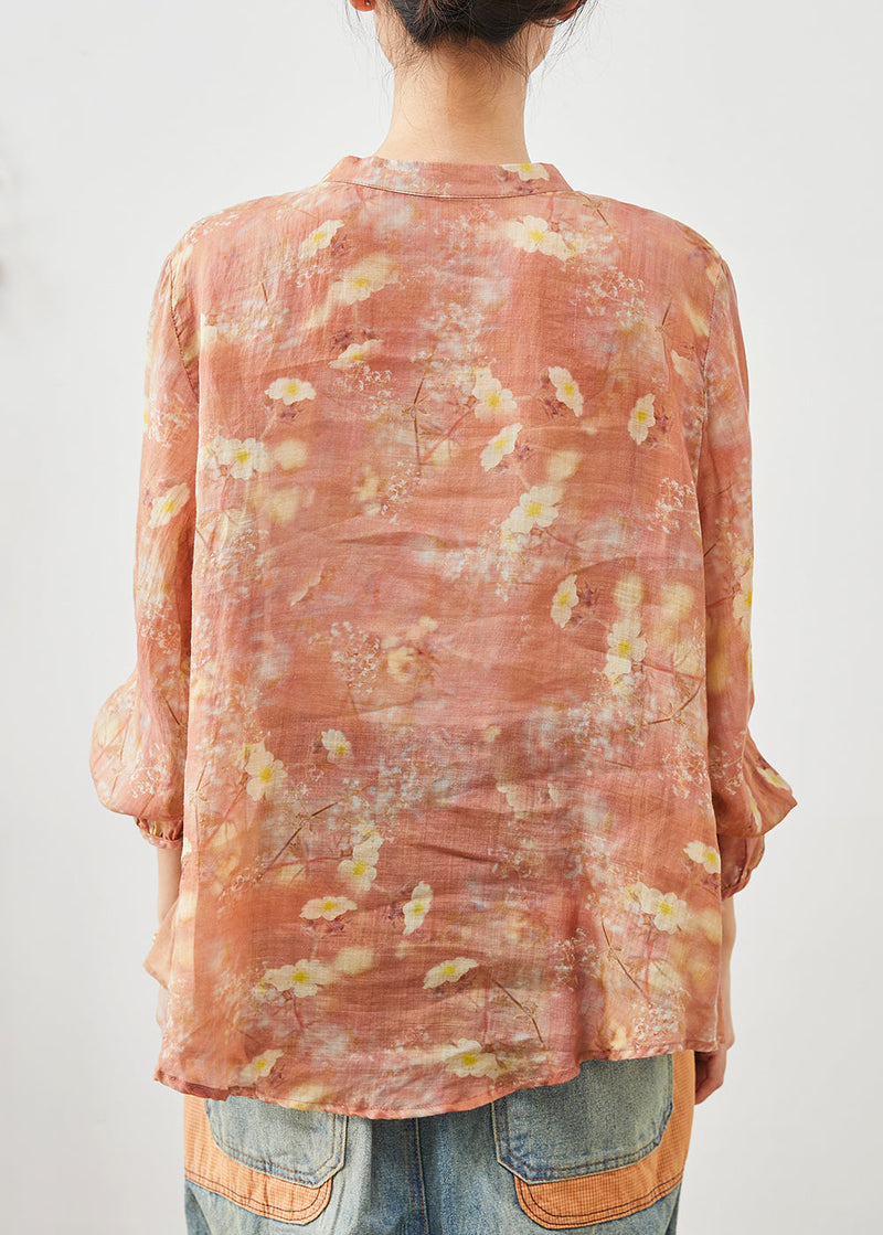 Orange Mandarin Collar Patchwork Cotton Shirt Summer
