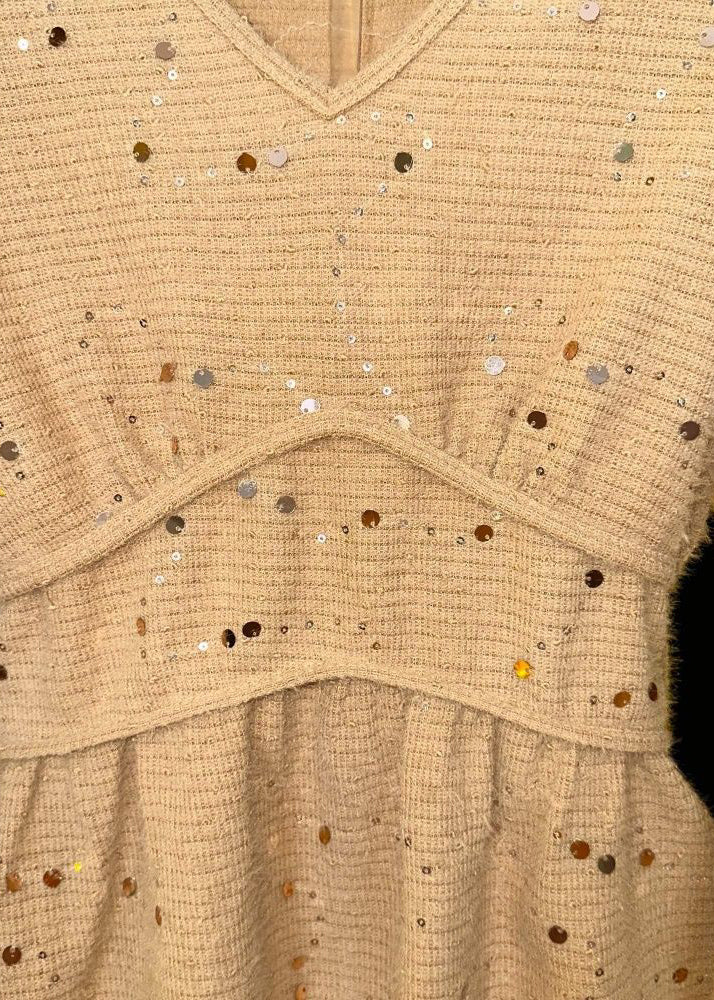 Khaki V Neck Sequins Cotton T Shirts Fall