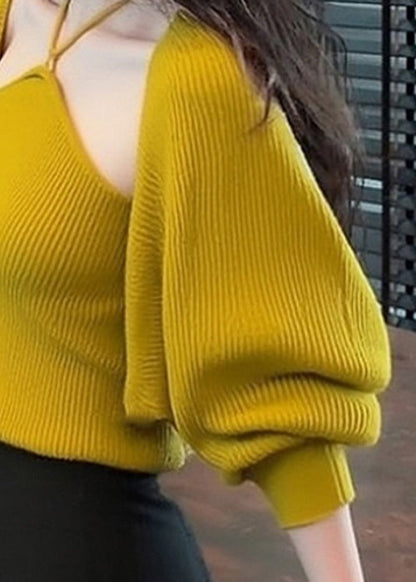 Stylish Yellow V Neck Lace Up Cardigan and Tank Knit Two Pieces Set Spring