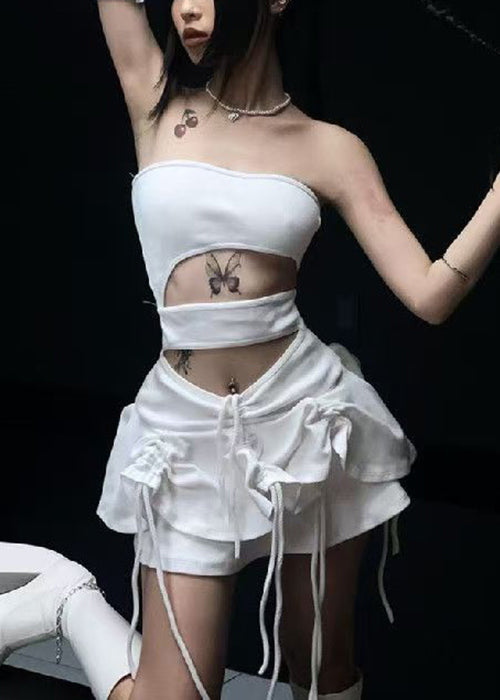 White Strapless Hollow Out Lace Up Mid Dress Summer