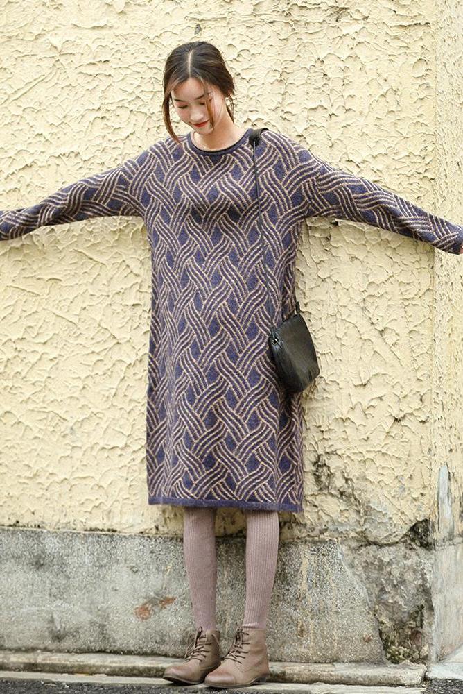 Loose Blue Sweater Dresses Causal Winter Clothes