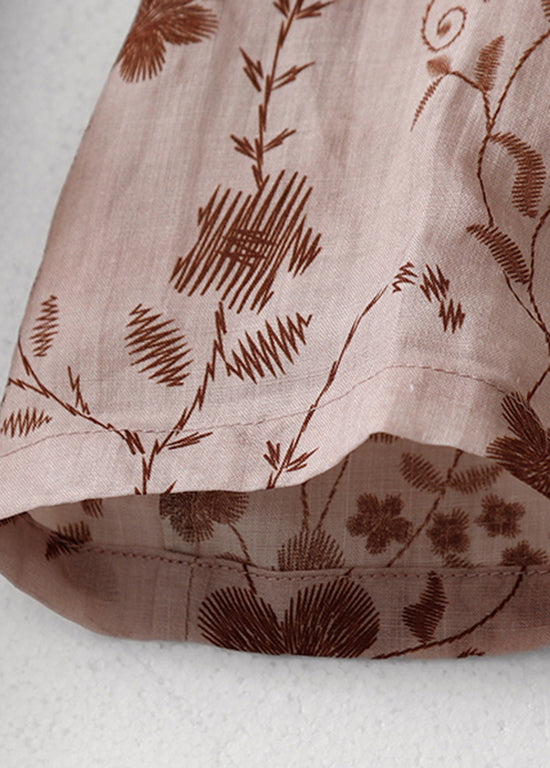 Pink Print Cotton Long Dress V Neck Drawstring Summer