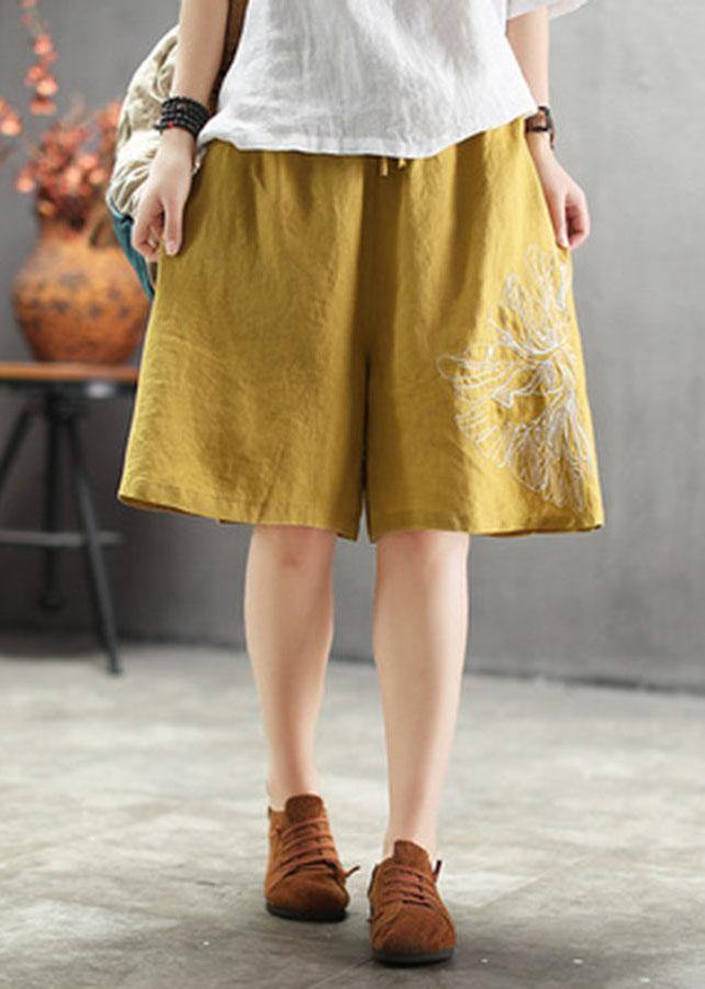 Art Chocolate Embroidered Tie Waist Linen Hot Pants