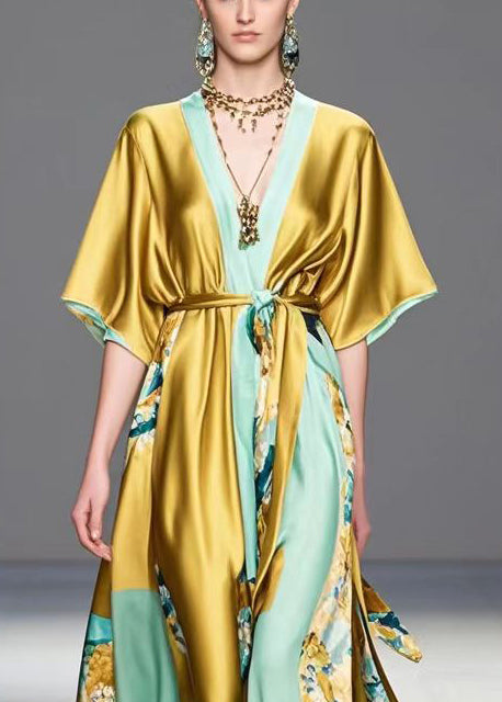 Diy Golden Tie Waist Print Silk Maxi Dress Summer