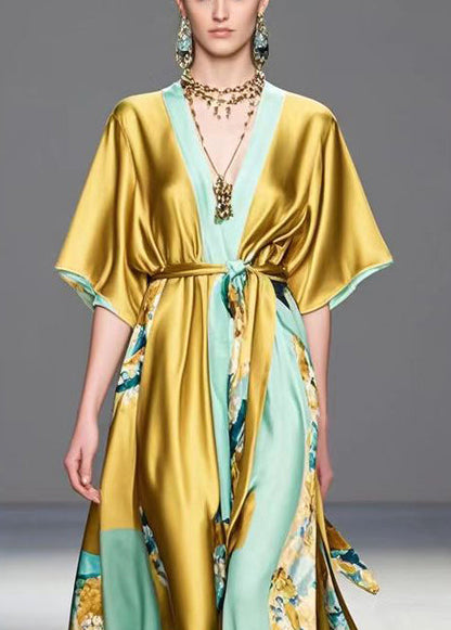 Diy Golden Tie Waist Print Silk Maxi Dress Summer