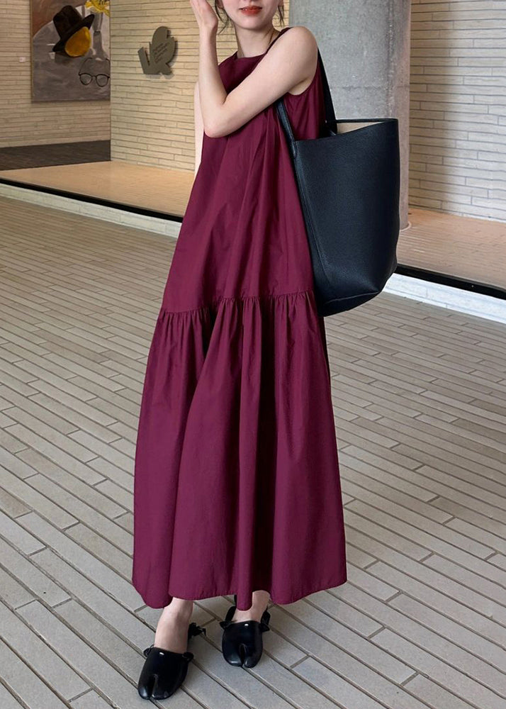 Simple Wine Red Pockets Wrinkled Cotton Long Dresses Sleeveles