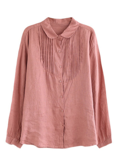 Rose Peter Pan Collar Wrinkled Button Linen Shirt Tops Long Sleeve