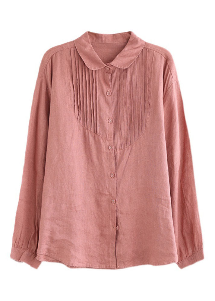 Rose Peter Pan Collar Wrinkled Button Linen Shirt Tops Long Sleeve