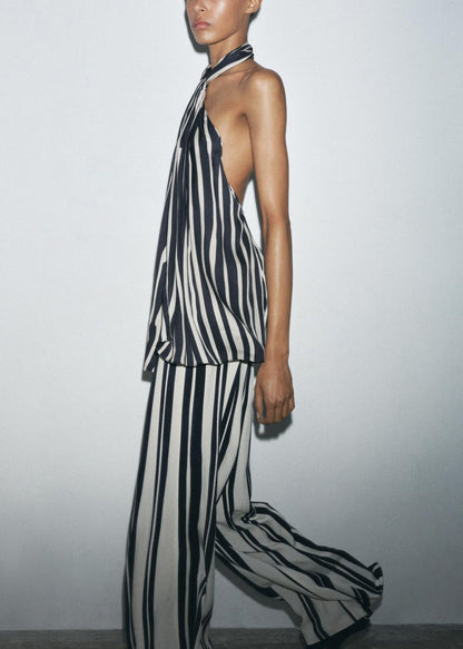 Slim Fit Striped Backless Tank and Pants Cotton Two Pieces Set Sleeveless