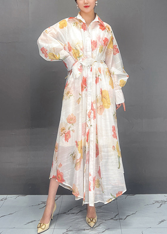 Red Peter Pan Collar Print Tie Waist Vacation Long Dresses Fall