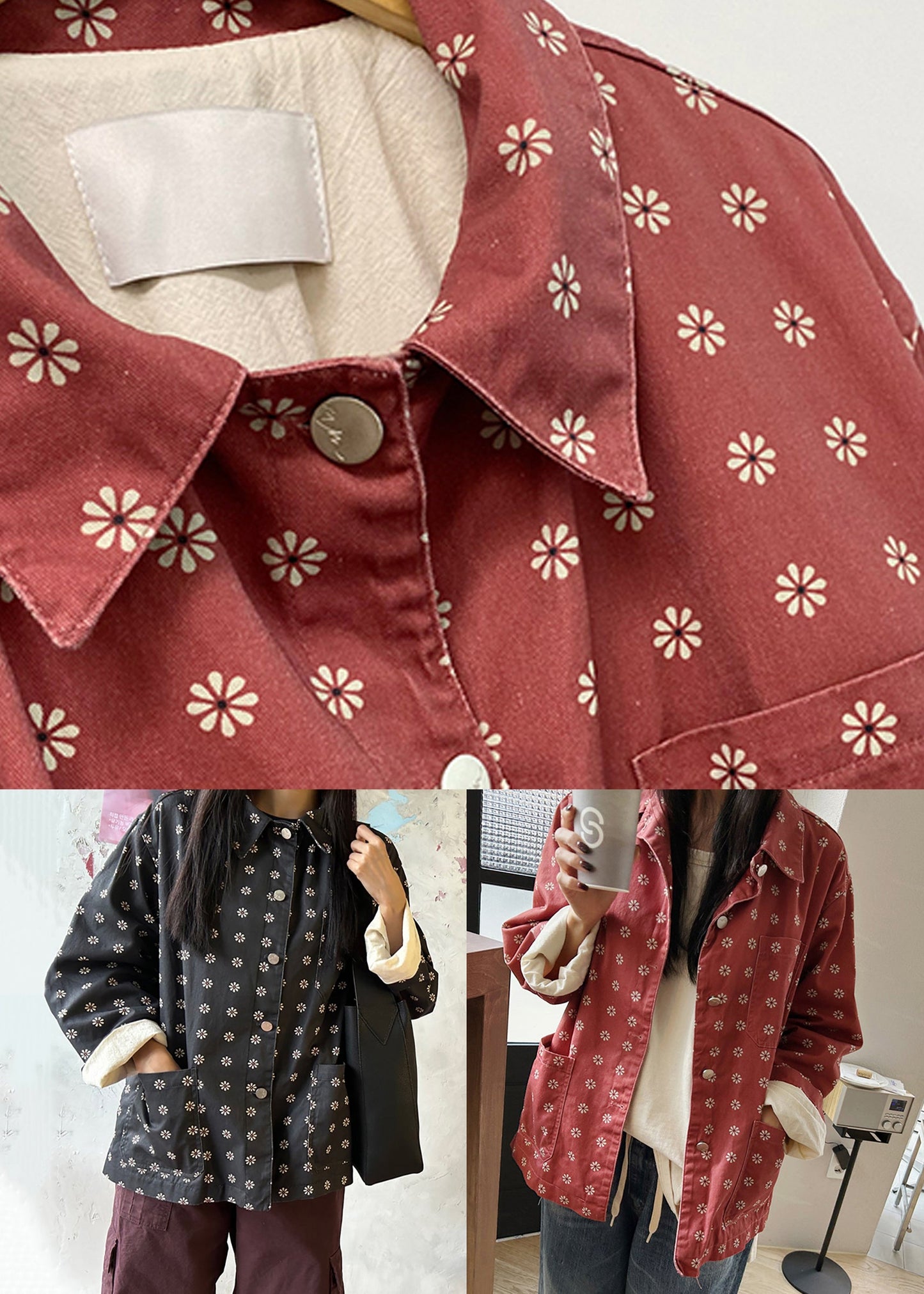 Black Print Pockets Cotton Coat Outwear Fall
