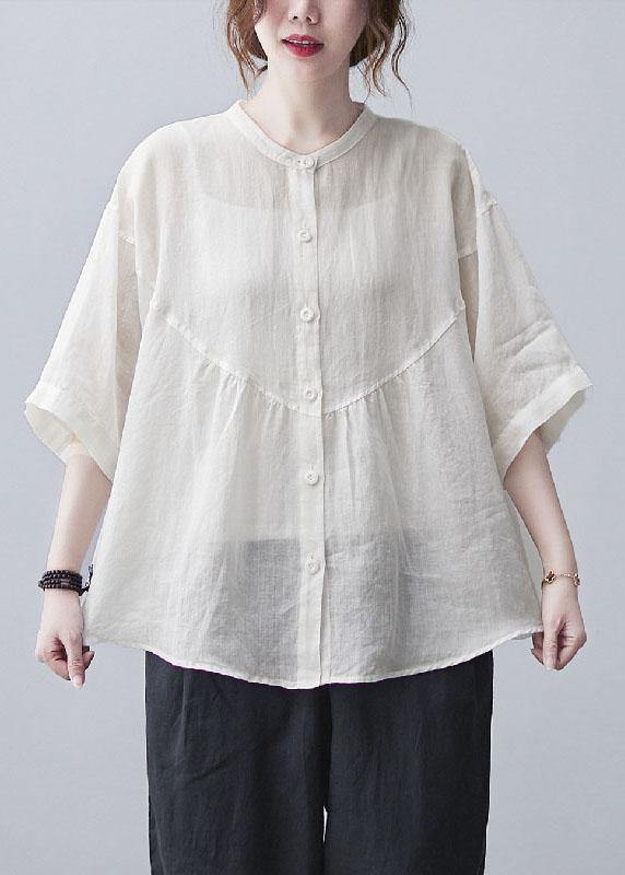 White Stand Collar Button Summer Cotton Linen Blouses