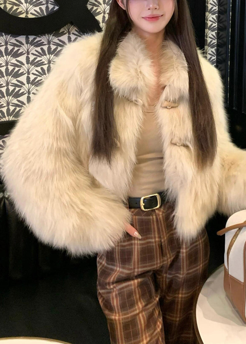 French Apricot Peter Pan Collar Button Leather and Fur Coat Spring