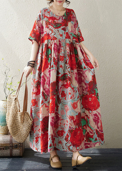 Red O Neck Print Wrinkled Cotton Vacation Dresses Summer