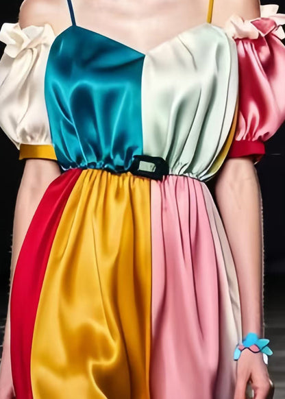 Colorblock Puff Sleeve Patchwork Silk Cami Dresses Summer