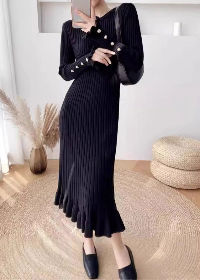 Slim Fit White O-neck Ruffled Knit Dress Long Sleeve