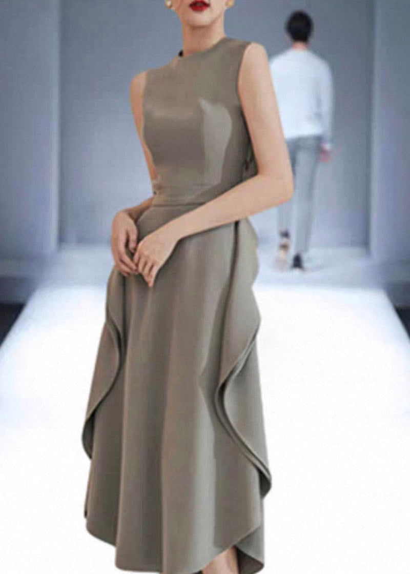 Natural Grey Green O-neck Ruffled Patchwork Long Dresses Summer