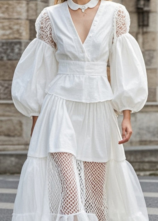 White Hollow Out Patchwork Lace Cotton Vestidos Dress Puff Sleeve