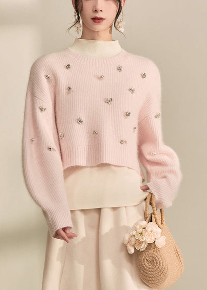 Pink O-neck Nail Bead Cotton Knit Short Sweater Spring