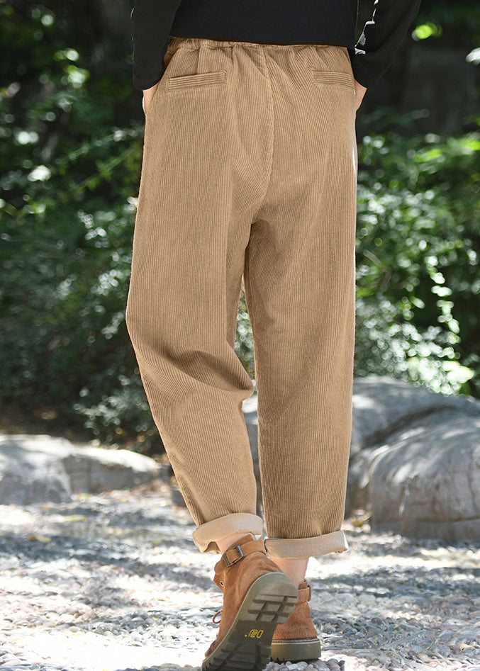 Beige Pockets Elastic Waist Corduroy Pants Spring