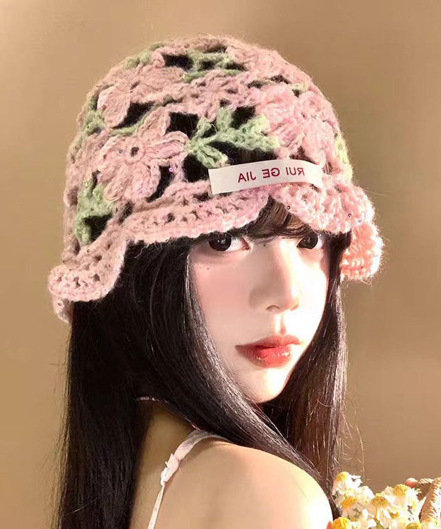 Pink Flower Hollow Thin Knitted Boonie Hat