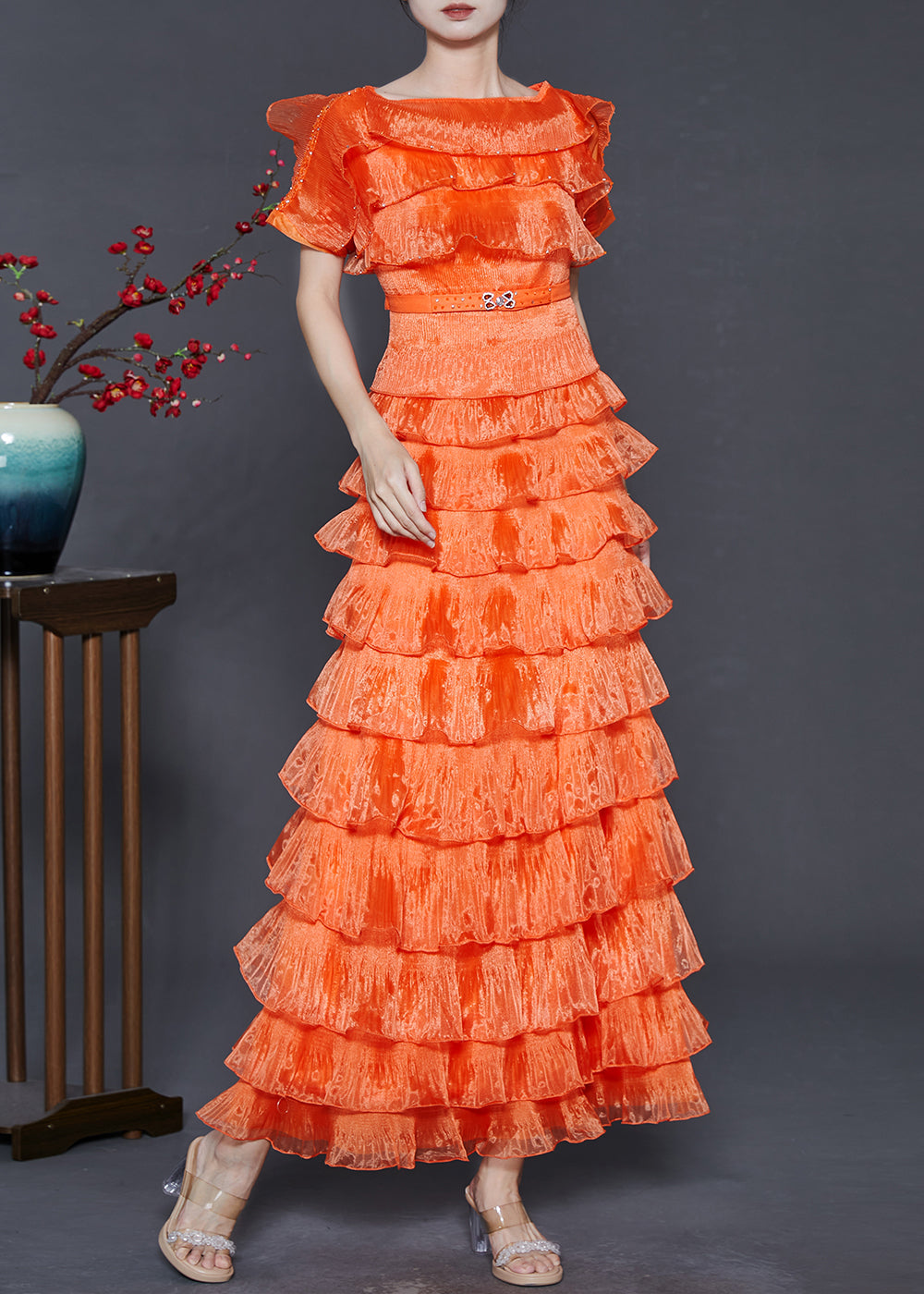 Orange Ruffled Patchwork Layered Organza Dresses Summer