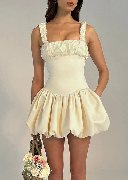 French Yellow Square Collar Wrinkled Mini Dress Summer