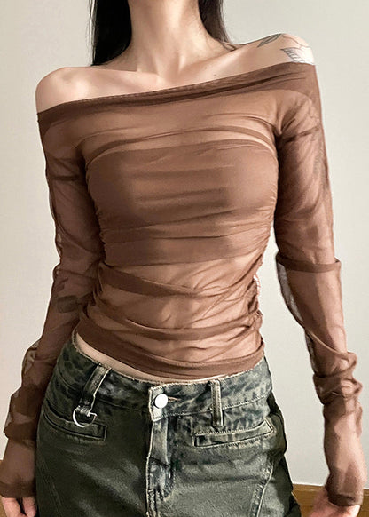 Brown Tulle Hollow One Line Neck Long Sleeved T Shirt Top