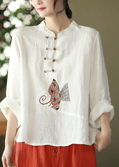 Boutique White O-neck Embroidered Button Linen Shirt Long Sleeve