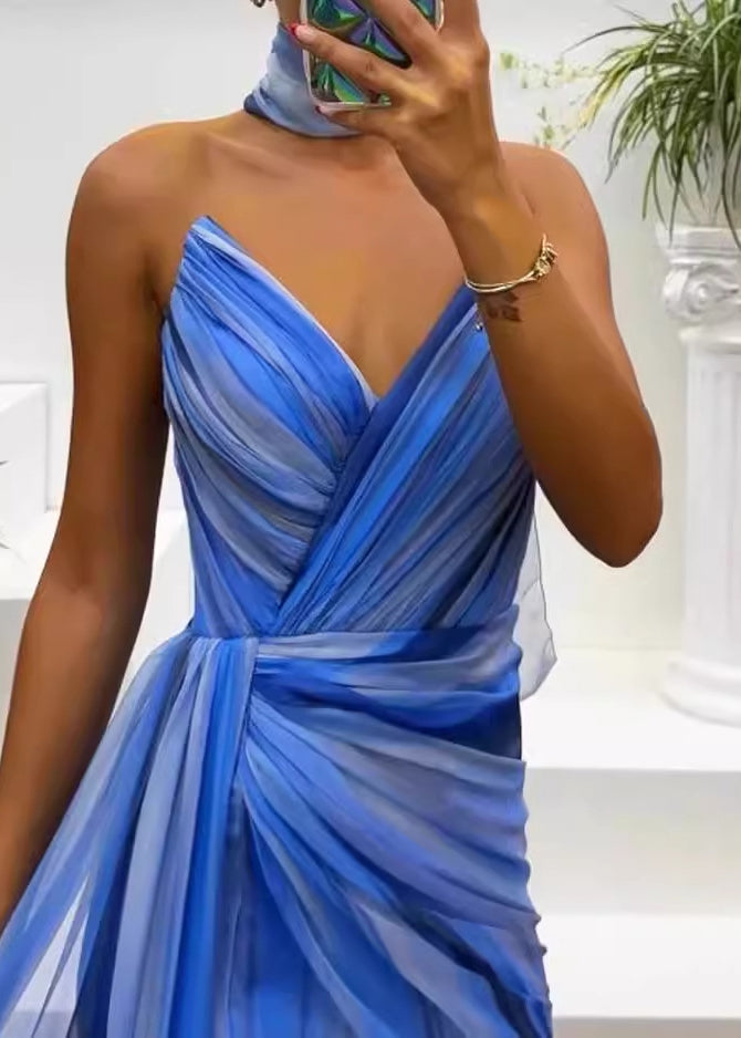 Blue Cold Shoulder Print Chiffon Long Dress Sleeveless