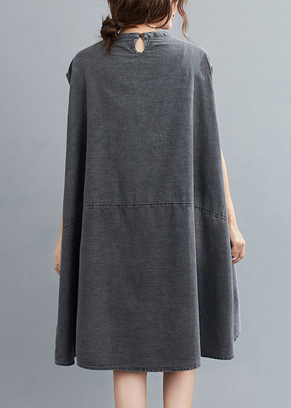 French Grey Stand Collar Pockets Cotton Denim Dress Sleeveless
