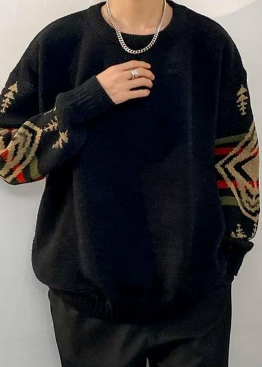 Loose Black Geometric Thick Knit Sweaters Winter