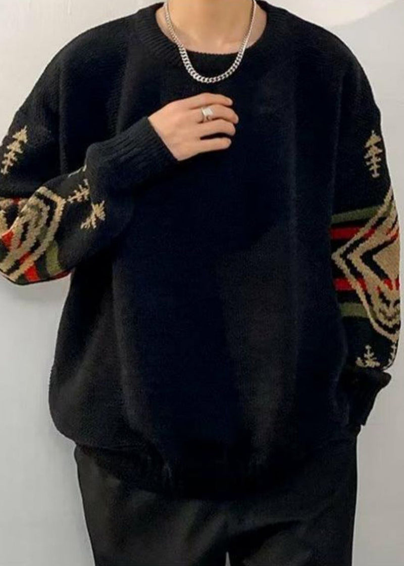 Loose Black Geometric Thick Knit Sweaters Winter