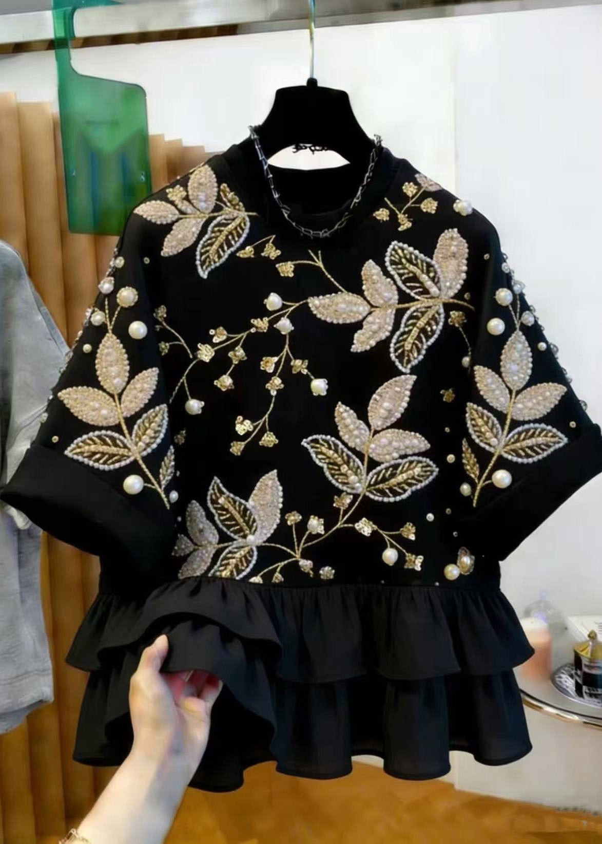 New Black Nail Bead Patchwork T Shirt Short Sleeve