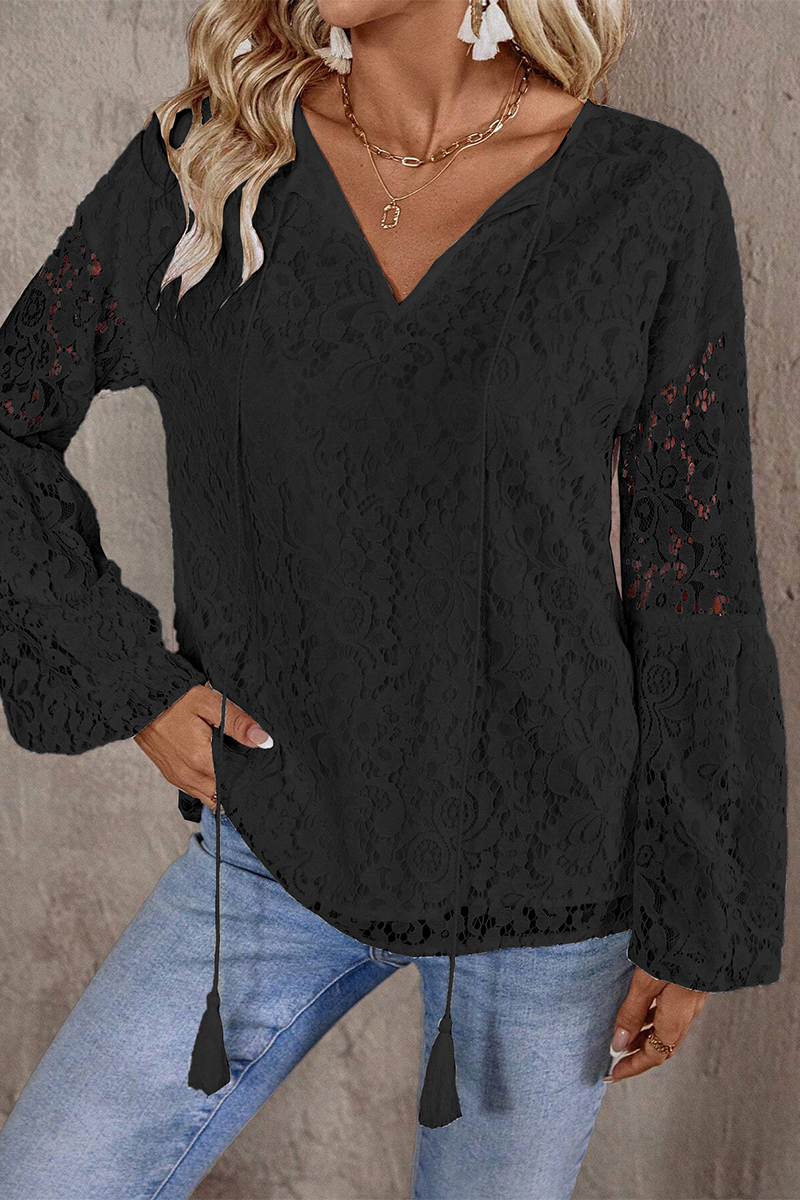Color Lace Fringed Trim Hollow Out V Neck Tops(4 Colors)
