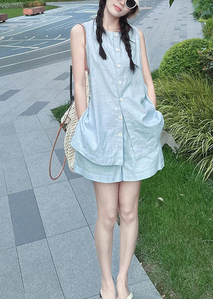 French Blue Tops and Shorts Linen Two Piece Set Summer