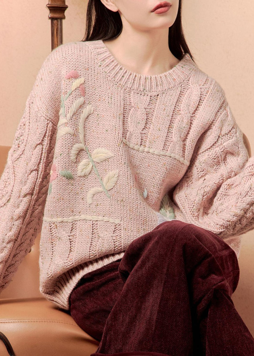 Pink Embroidered Loose Knit Sweater O-neck Spring