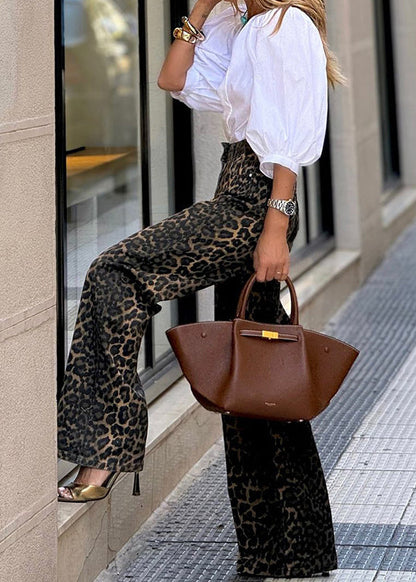 Leopard High Waist Denim Straight Pants Fall