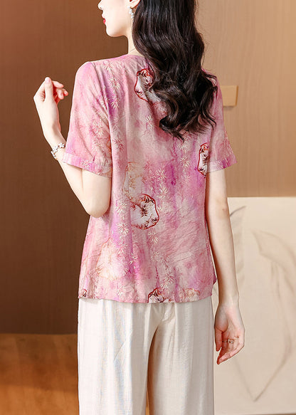 Pink O-neck Tasseled Print Linen Shirt Summer