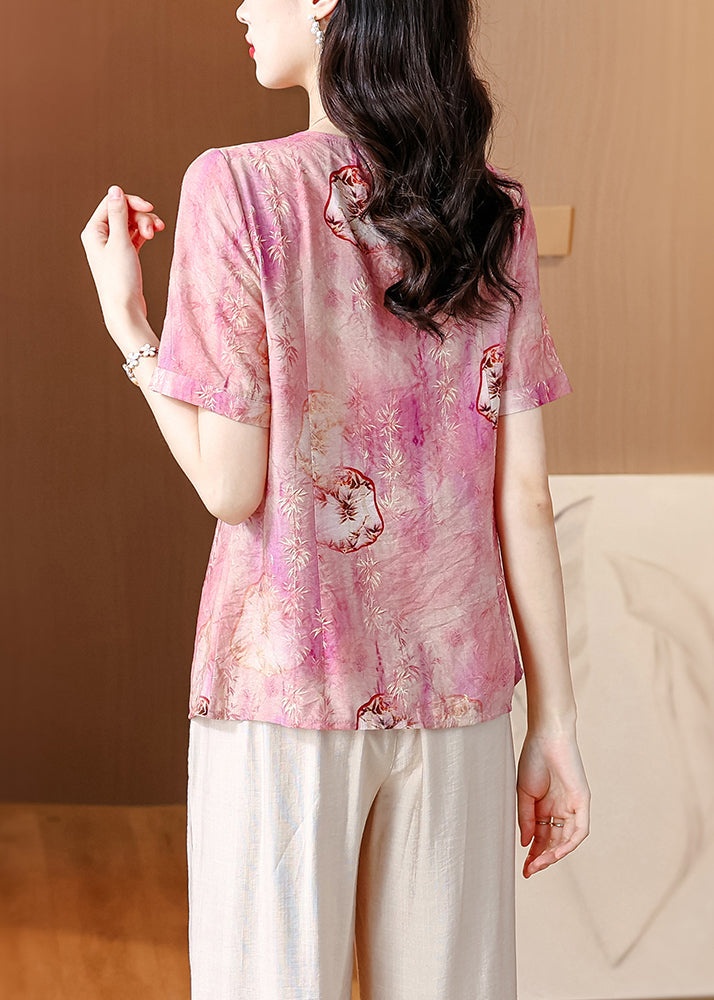 Pink O-neck Tasseled Print Linen Shirt Summer