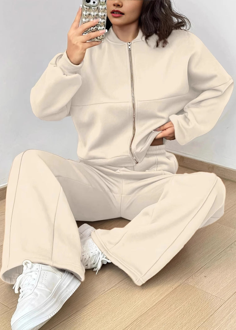 Apricot Zip Up Tops and Pants Cotton Two Piece Set Fall
