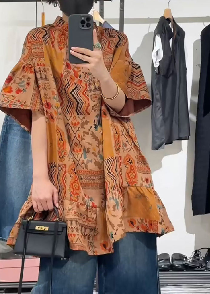 Orange Stand Collar Print Patchwork Silk Shirts Summer